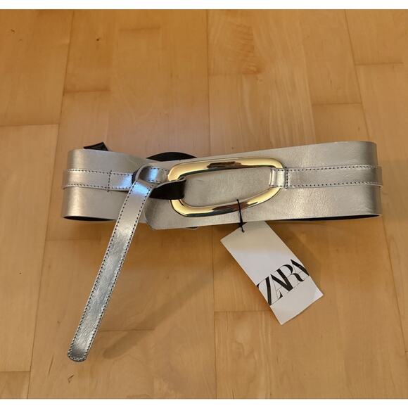 Zara SILVER Leather Women’s Sash Belt - Size 80 / 30 - New - Picture 2 of 3